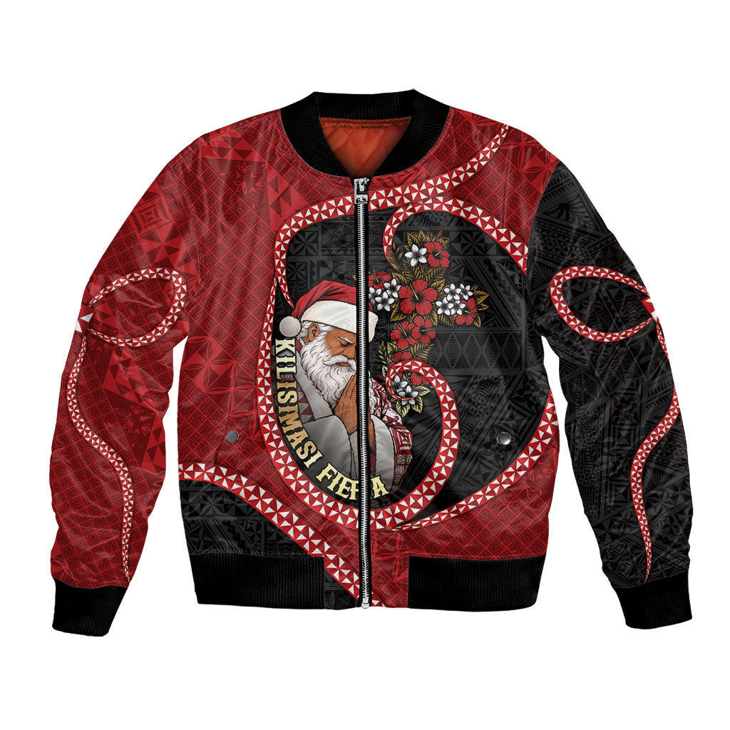 Personalised Tonga Kilisimasi Fiefia Bomber Jacket Praying Santa Hibiscus Cross DT05 Unisex Red - Polynesian Pride