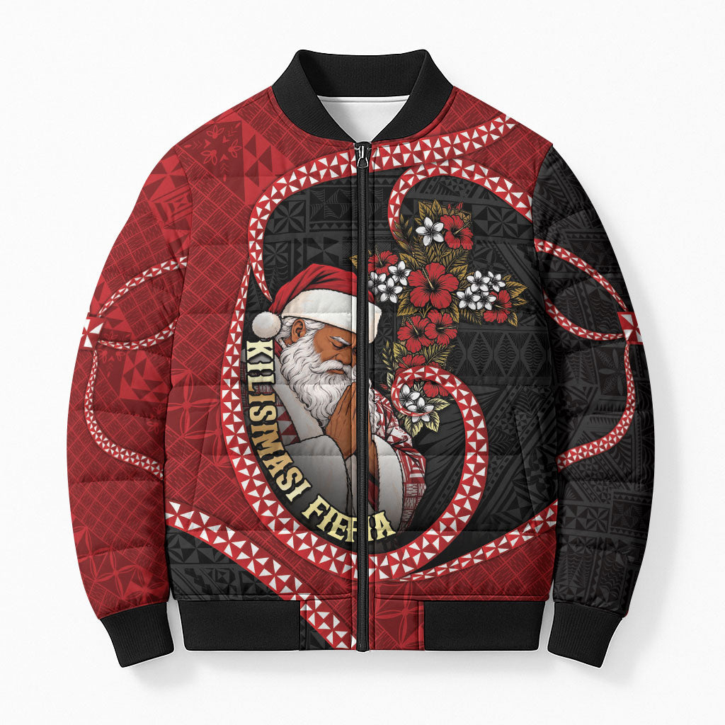 Personalised Tonga Kilisimasi Fiefia Bomber Puffer Jacket Praying Santa Hibiscus Cross DT05 Unisex Red - Polynesian Pride