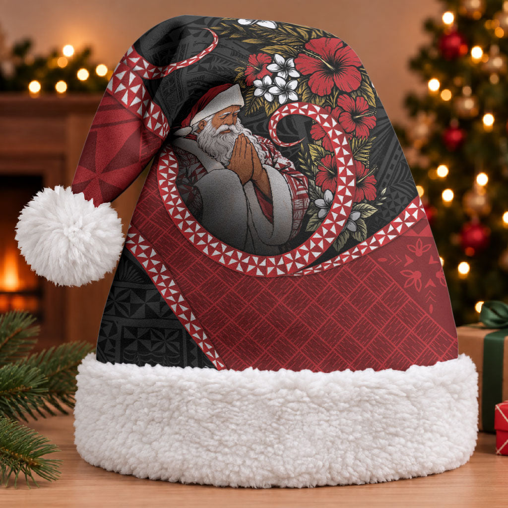 Tonga Kilisimasi Fiefia Christmas Santa Hat Praying Santa Hibiscus Cross DT05 With Fur Red - Polynesian Pride