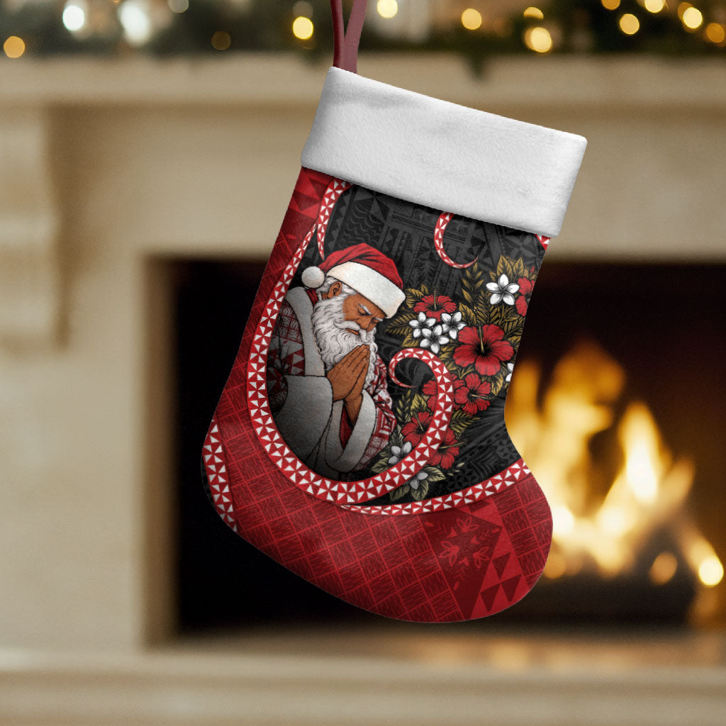 Tonga Kilisimasi Fiefia Christmas Stocking Praying Santa Hibiscus Cross DT05 Set of 2 Red - Polynesian Pride