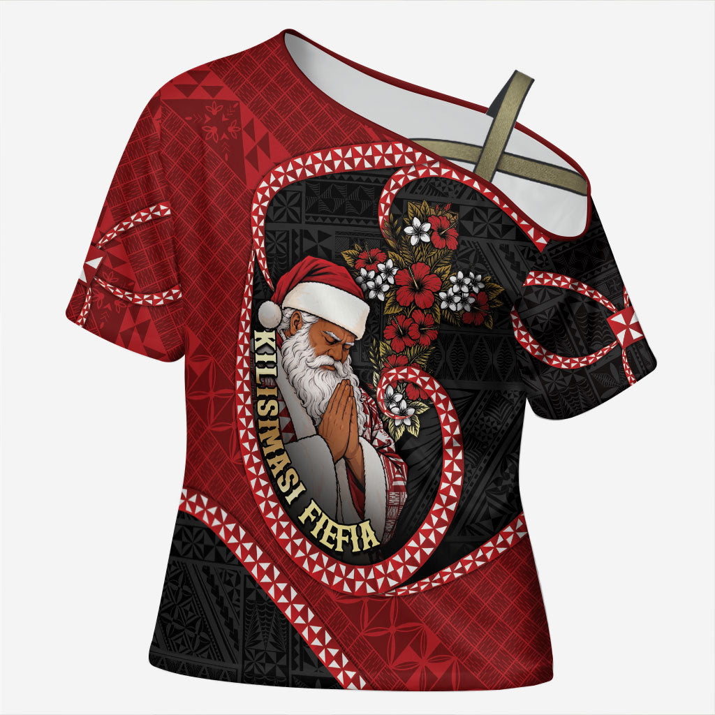 Personalised Tonga Kilisimasi Fiefia Cross Shoulder Shirt Praying Santa Hibiscus Cross DT05 Female Red - Polynesian Pride
