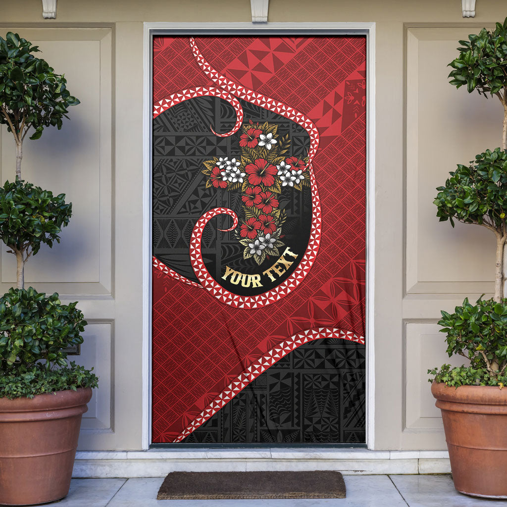 Personalised Tonga Kilisimasi Fiefia Door Cover Praying Santa Hibiscus Cross DT05 Red - Polynesian Pride