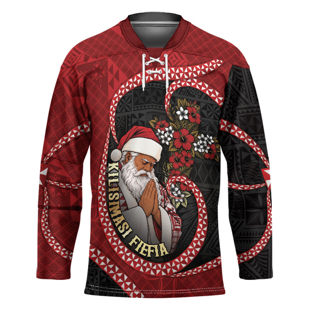 Personalised Tonga Kilisimasi Fiefia Hockey Jersey Praying Santa Hibiscus Cross DT05 Unisex Red - Polynesian Pride