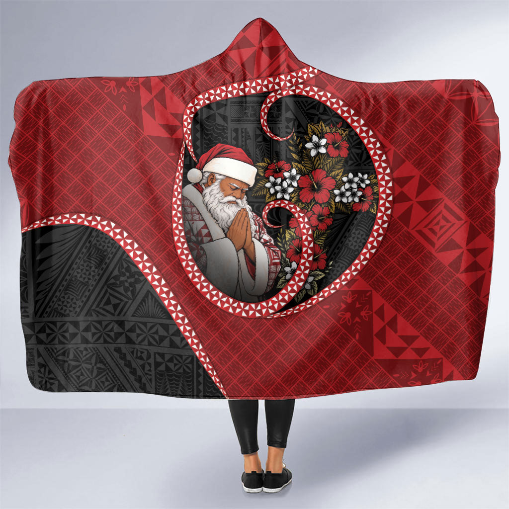 Tonga Kilisimasi Fiefia Hooded Blanket Praying Santa Hibiscus Cross DT05 One Size Red - Polynesian Pride