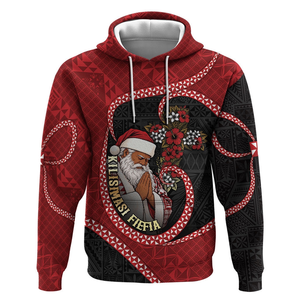 Personalised Tonga Kilisimasi Fiefia Hoodie Praying Santa Hibiscus Cross DT05 Pullover Hoodie Red - Polynesian Pride