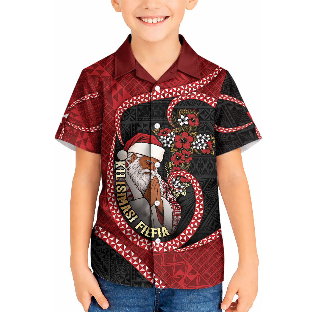 Personalised Tonga Kilisimasi Fiefia Kid Hawaiian Shirt Praying Santa Hibiscus Cross DT05 Kid Red - Polynesian Pride