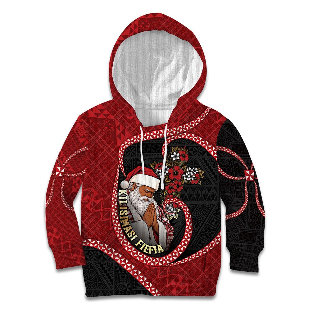 Personalised Tonga Kilisimasi Fiefia Kid Hoodie Praying Santa Hibiscus Cross DT05 Hoodie Red - Polynesian Pride