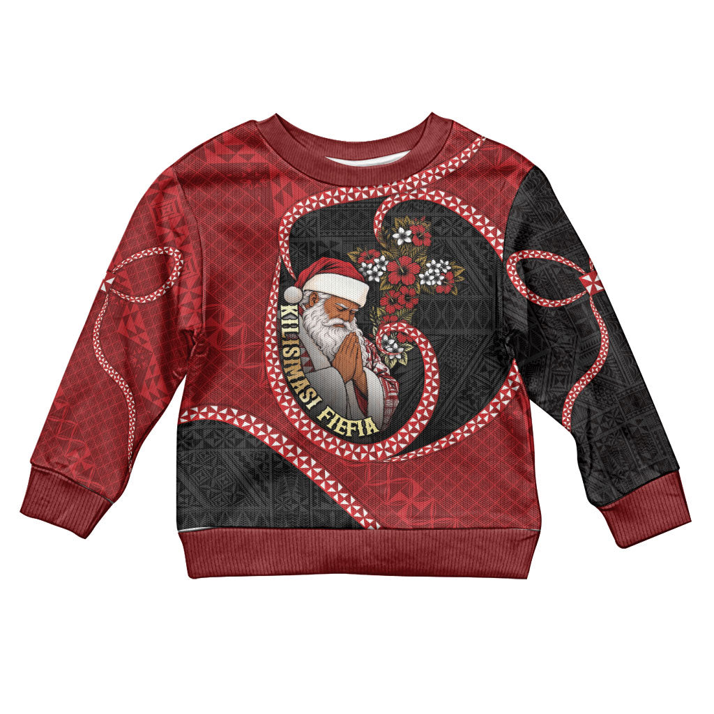 Personalised Tonga Kilisimasi Fiefia Kid Ugly Christmas Sweater Praying Santa Hibiscus Cross DT05 Kid Red - Polynesian Pride