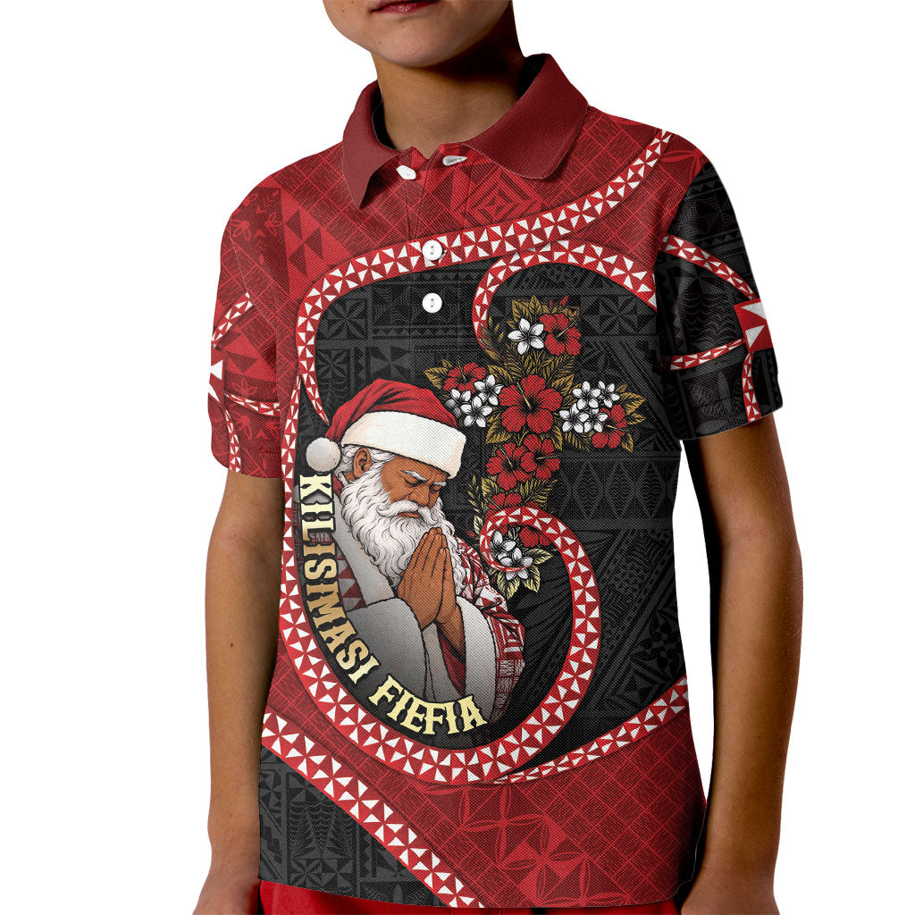 Personalised Tonga Kilisimasi Fiefia Kid Polo Shirt Praying Santa Hibiscus Cross DT05 Kid Red - Polynesian Pride