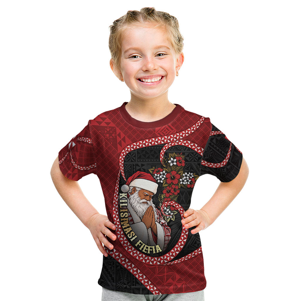 Personalised Tonga Kilisimasi Fiefia Kid T Shirt Praying Santa Hibiscus Cross DT05 Red - Polynesian Pride