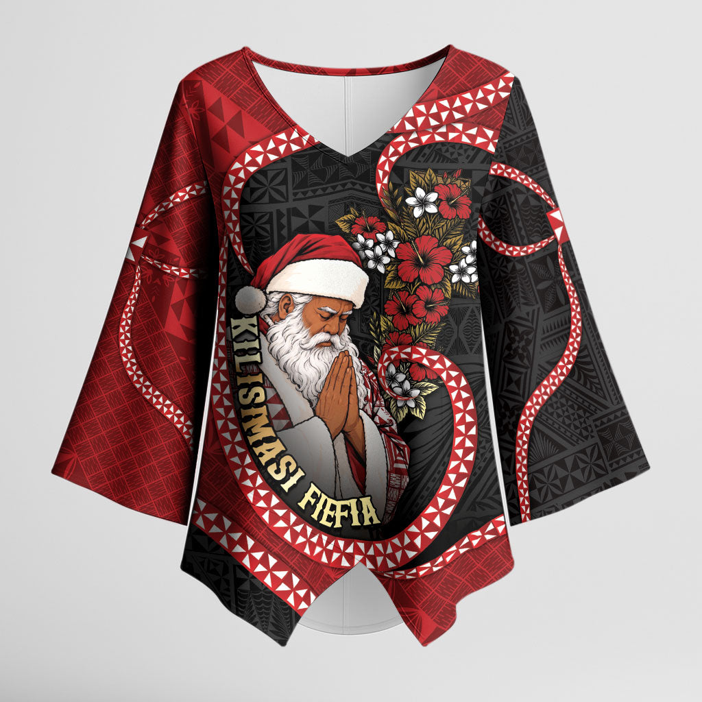Personalised Tonga Kilisimasi Fiefia Kimono Sleeve Blouse Praying Santa Hibiscus Cross DT05 Female Red - Polynesian Pride