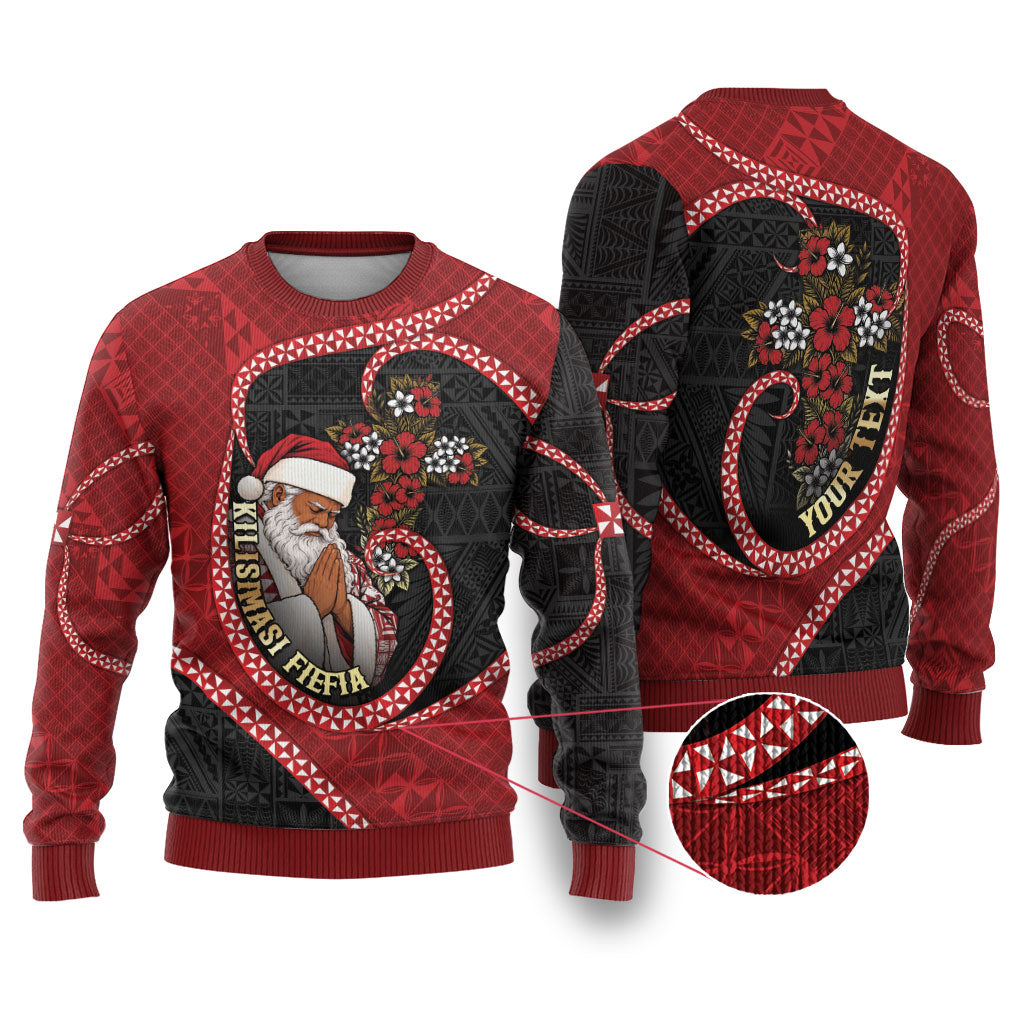 Personalised Tonga Kilisimasi Fiefia Ugly Christmas Sweater Praying Santa Hibiscus Cross DT05 Red - Polynesian Pride