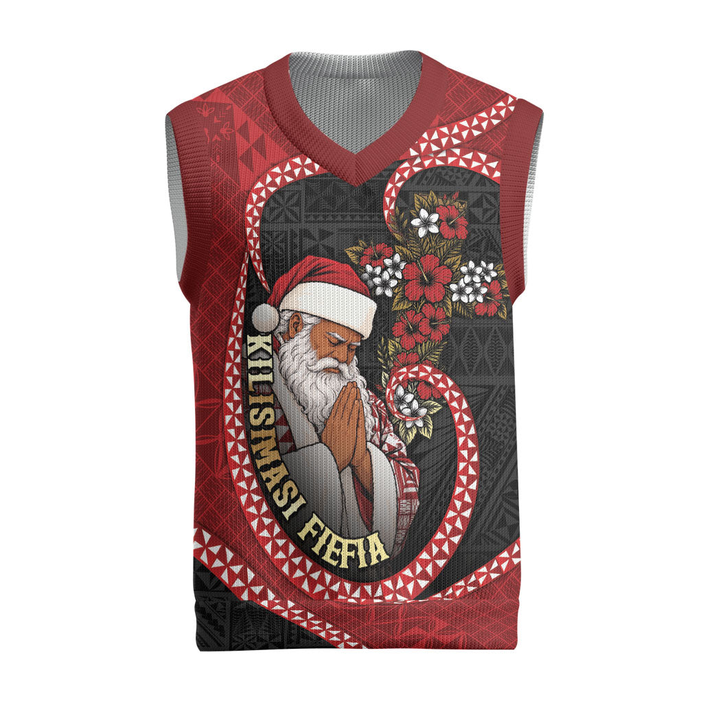 Personalised Tonga Kilisimasi Fiefia Christmas Knitted V-Neck Vest Praying Santa Hibiscus Cross DT05 Red - Polynesian Pride
