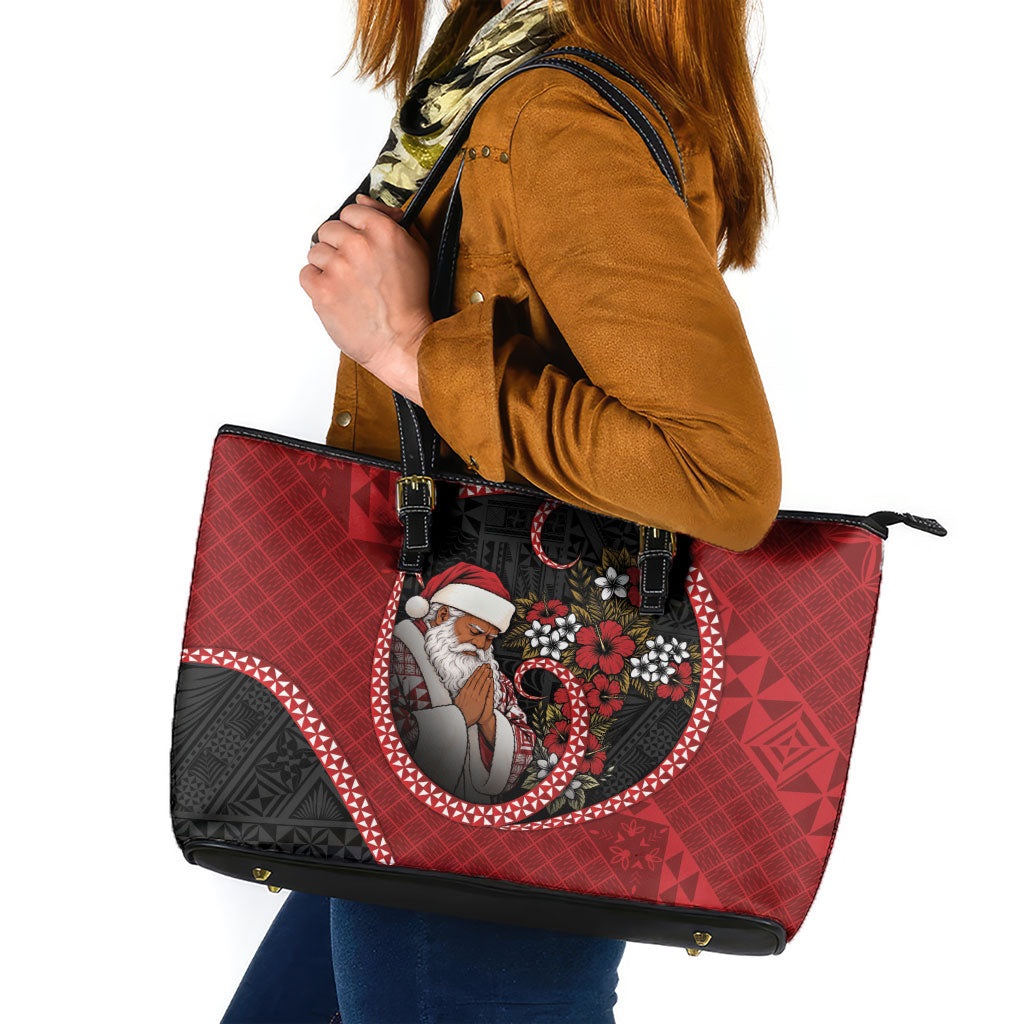 Tonga Kilisimasi Fiefia Leather Tote Bag Praying Santa Hibiscus Cross DT05 Red - Polynesian Pride