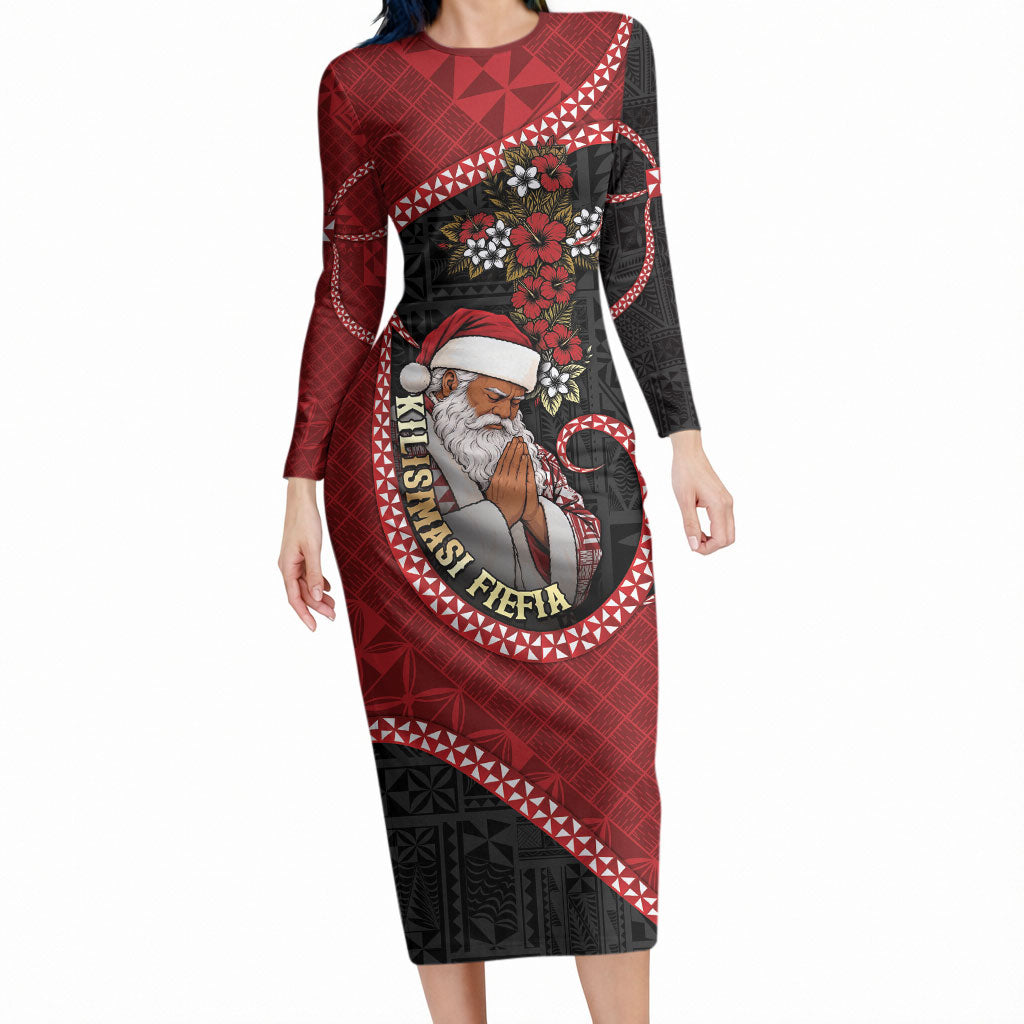 Personalised Tonga Kilisimasi Fiefia Long Sleeve Bodycon Dress Praying Santa Hibiscus Cross DT05 Long Dress Red - Polynesian Pride