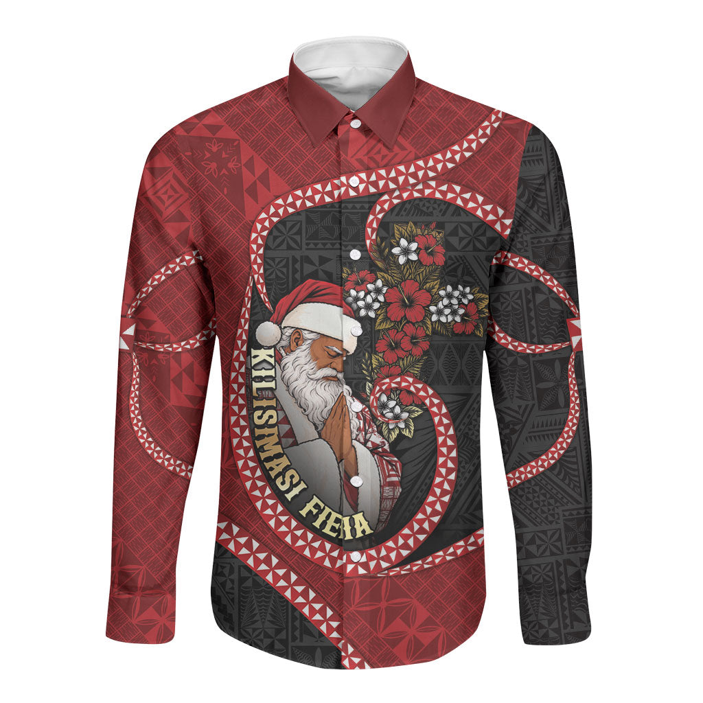 Personalised Tonga Kilisimasi Fiefia Long Sleeve Button Shirt Praying Santa Hibiscus Cross DT05 Unisex Red - Polynesian Pride