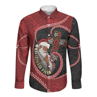 Personalised Tonga Kilisimasi Fiefia Long Sleeve Button Shirt Praying Santa Hibiscus Cross DT05 Unisex Red - Polynesian Pride