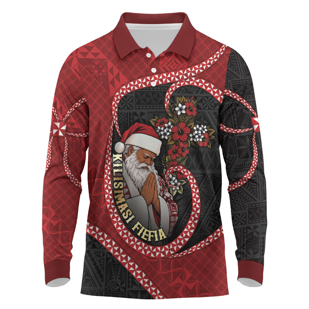 Personalised Tonga Kilisimasi Fiefia Long Sleeve Polo Shirt Praying Santa Hibiscus Cross DT05 Red - Polynesian Pride