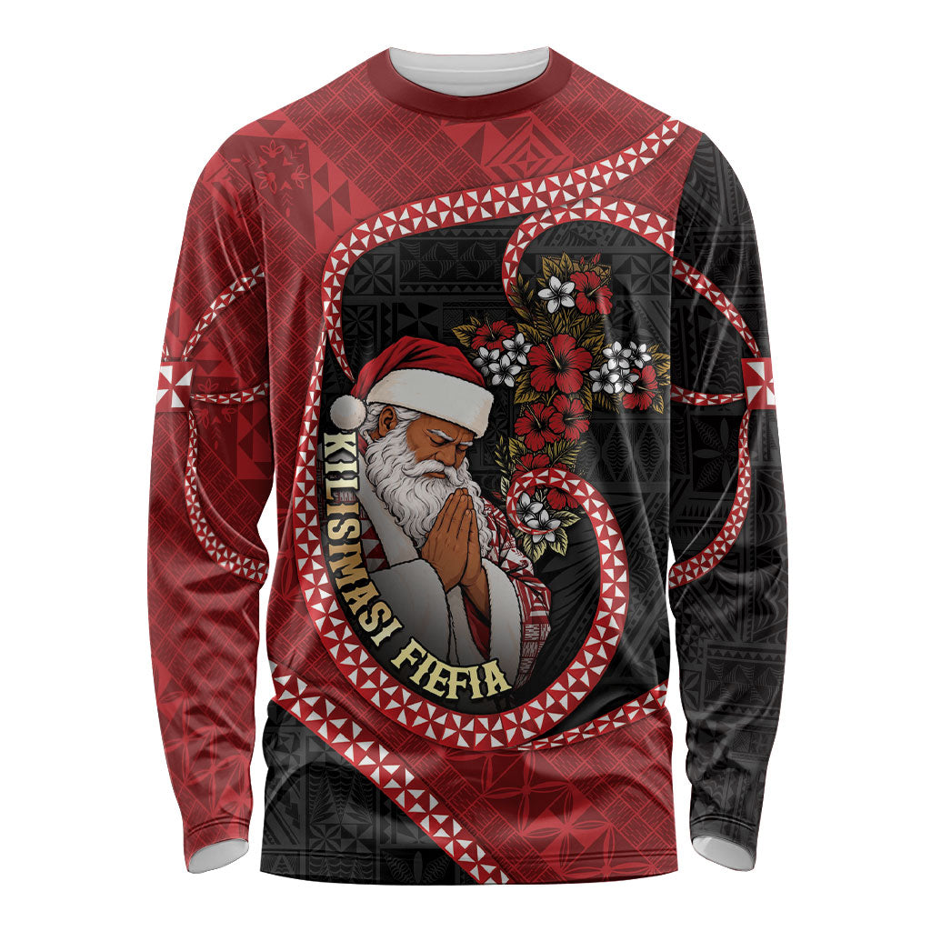 Personalised Tonga Kilisimasi Fiefia Long Sleeve Shirt Praying Santa Hibiscus Cross DT05 Unisex Red - Polynesian Pride