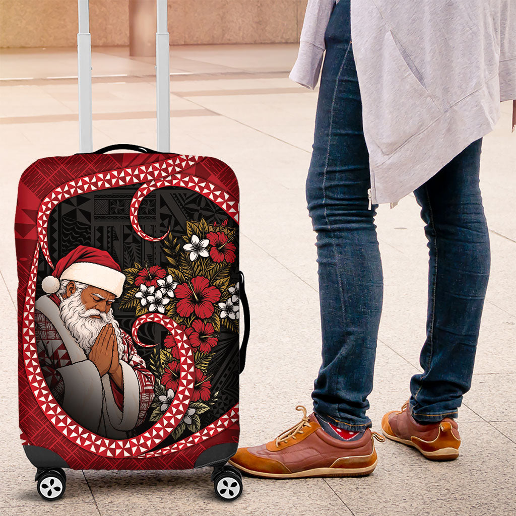 Tonga Kilisimasi Fiefia Luggage Cover Praying Santa Hibiscus Cross DT05 Red - Polynesian Pride