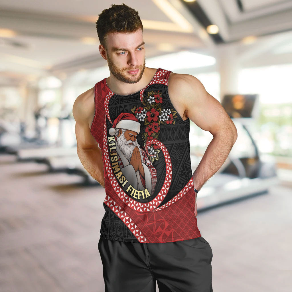 Personalised Tonga Kilisimasi Fiefia Men Tank Top Praying Santa Hibiscus Cross DT05 Red - Polynesian Pride