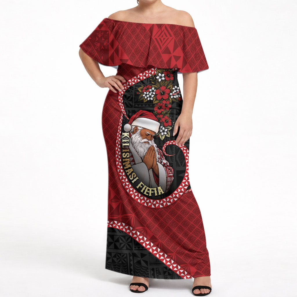 Personalised Tonga Kilisimasi Fiefia Off Shoulder Maxi Dress Praying Santa Hibiscus Cross DT05 Women Red - Polynesian Pride