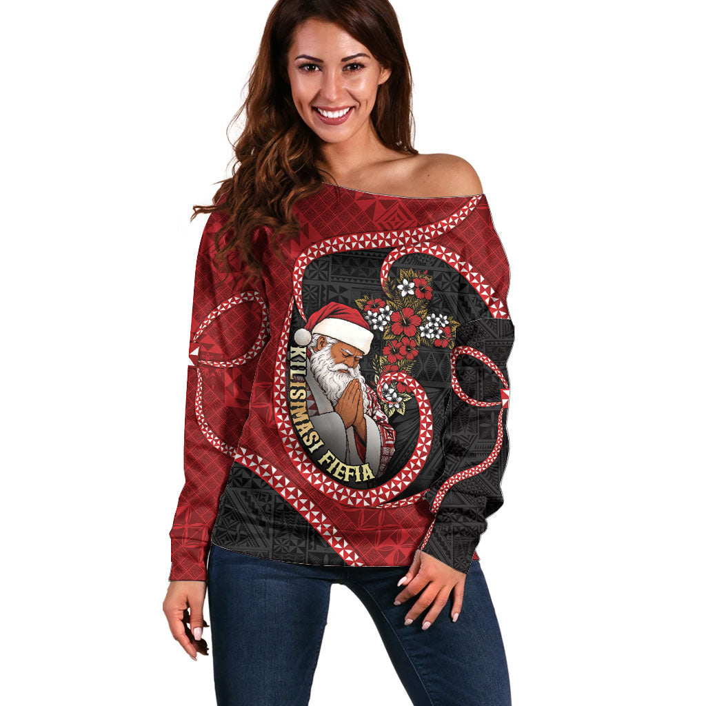 Personalised Tonga Kilisimasi Fiefia Off Shoulder Sweater Praying Santa Hibiscus Cross DT05 Women Red - Polynesian Pride