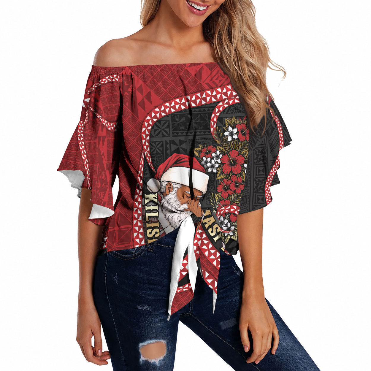 Personalised Tonga Kilisimasi Fiefia Off Shoulder Wrap Waist Top Praying Santa Hibiscus Cross DT05 Red - Polynesian Pride