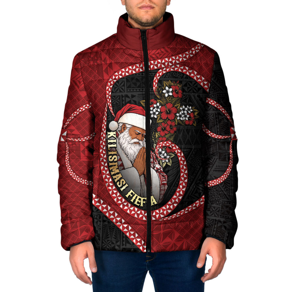 Personalised Tonga Kilisimasi Fiefia Padded Jacket Praying Santa Hibiscus Cross DT05 Men Red - Polynesian Pride