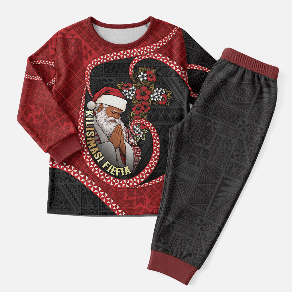 Personalised Tonga Kilisimasi Fiefia Christmas Pajama Set Praying Santa Hibiscus Cross DT05 Men Red - Polynesian Pride