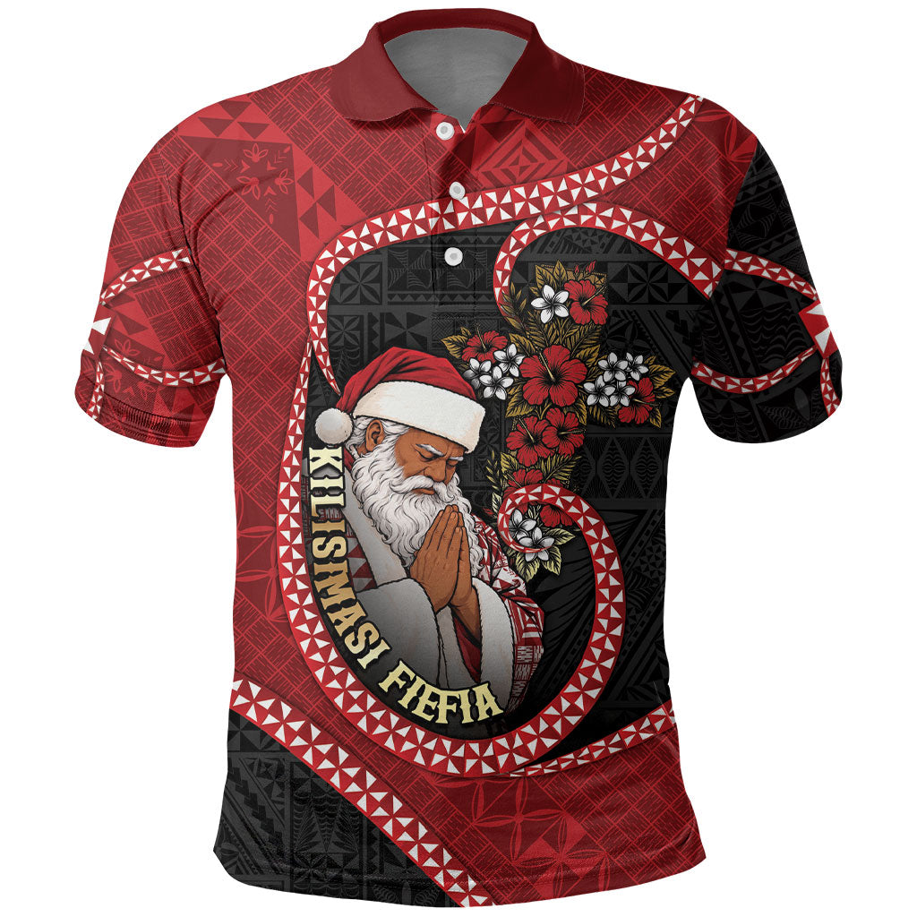 Personalised Tonga Kilisimasi Fiefia Polo Shirt Praying Santa Hibiscus Cross DT05 Red - Polynesian Pride