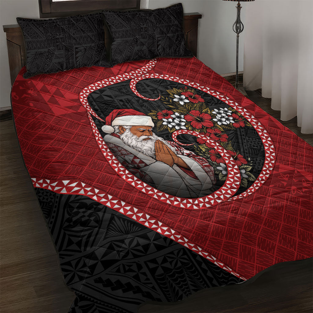 Tonga Kilisimasi Fiefia Quilt Bed Set Praying Santa Hibiscus Cross DT05 Red - Polynesian Pride