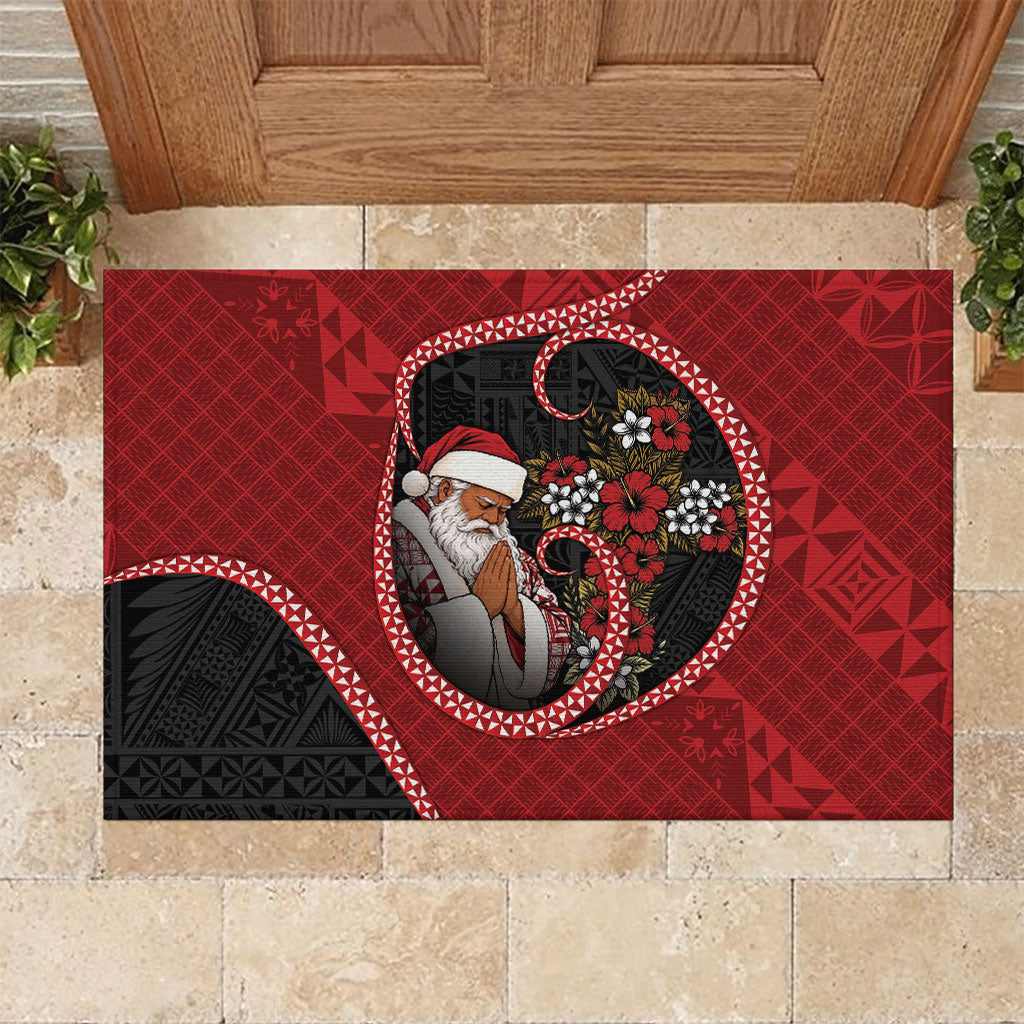 Tonga Kilisimasi Fiefia Rubber Doormat Praying Santa Hibiscus Cross DT05 Red - Polynesian Pride