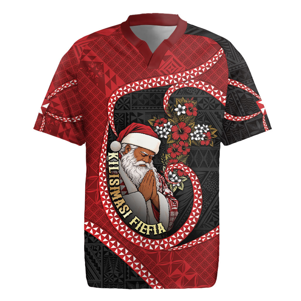 Personalised Tonga Kilisimasi Fiefia Rugby Jersey Praying Santa Hibiscus Cross DT05 Red - Polynesian Pride