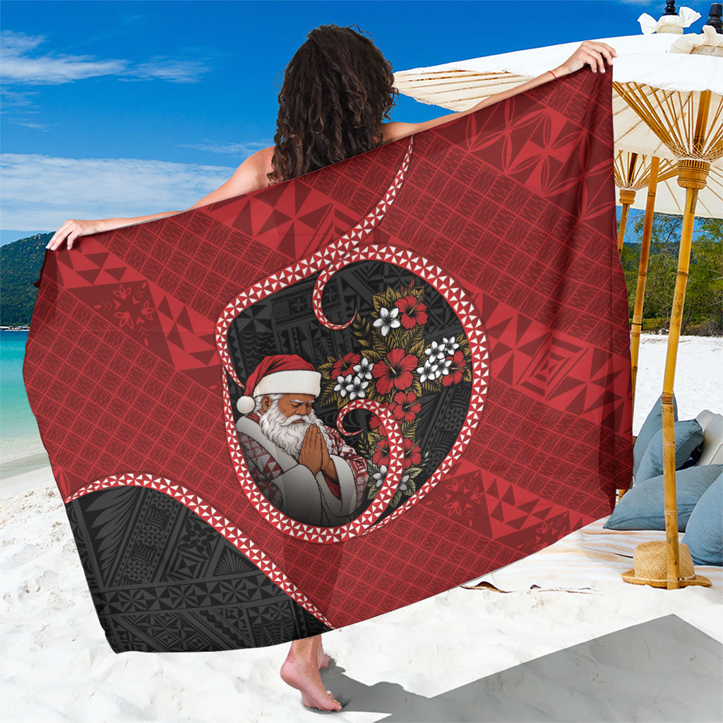 Tonga Kilisimasi Fiefia Sarong Praying Santa Hibiscus Cross DT05 One Size 44 x 66 inches Red - Polynesian Pride