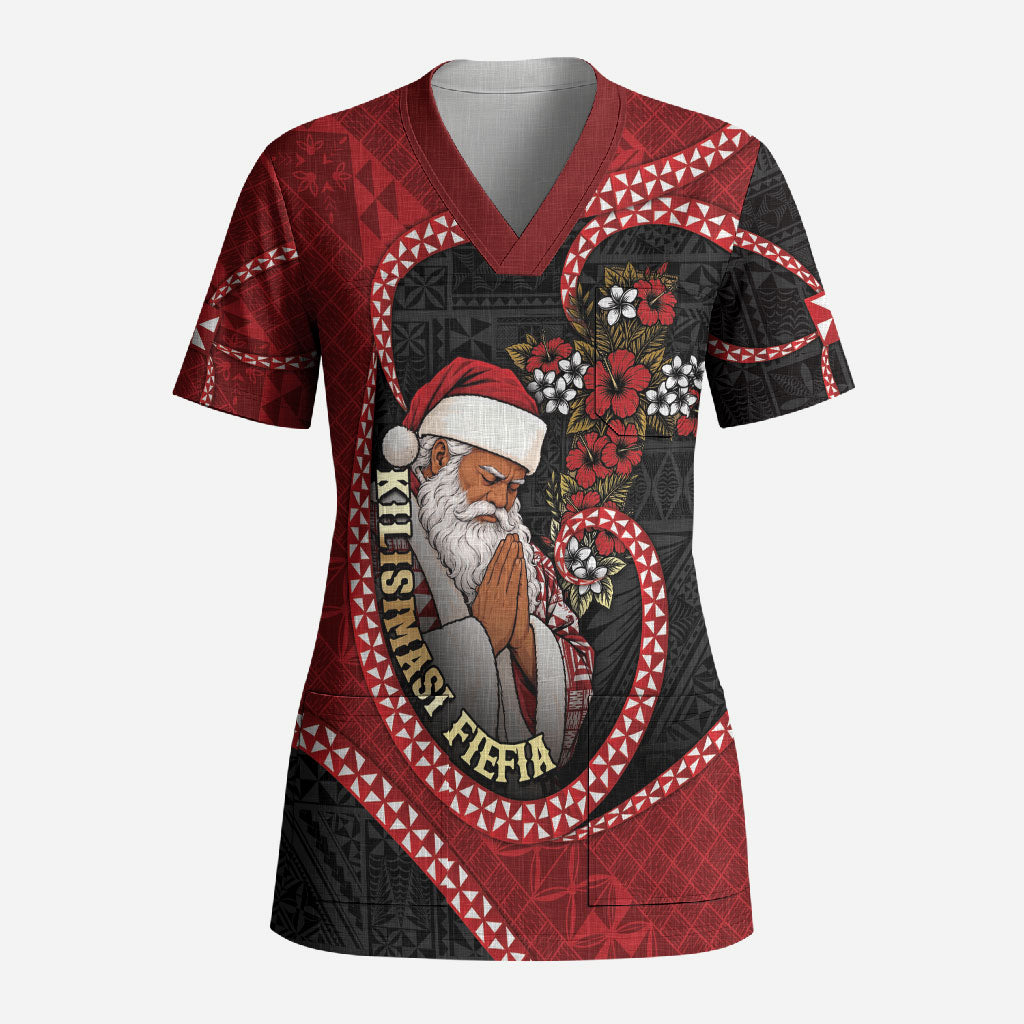 Personalised Tonga Kilisimasi Fiefia Scrub Top Praying Santa Hibiscus Cross DT05 Adult Red - Polynesian Pride