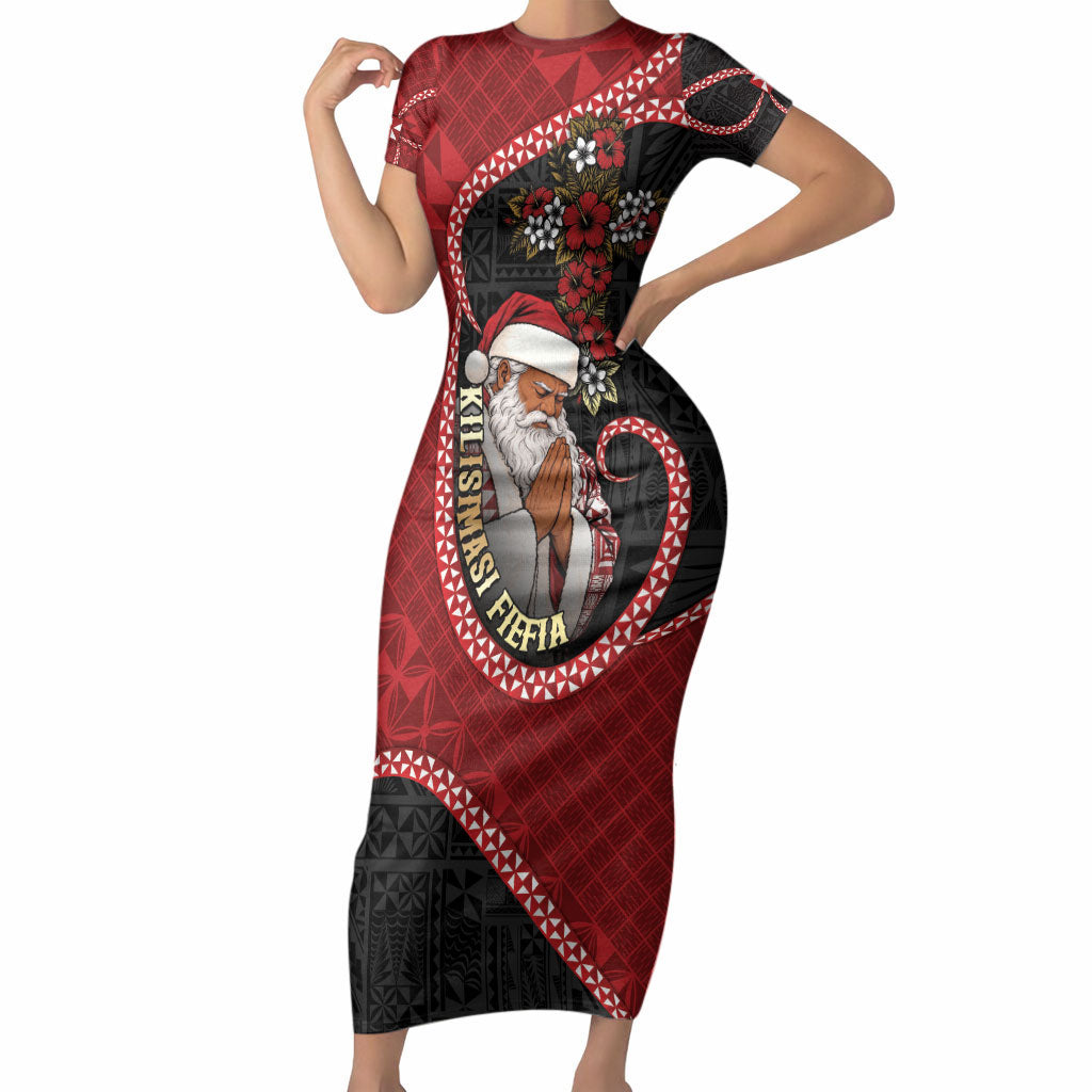 Personalised Tonga Kilisimasi Fiefia Short Sleeve Bodycon Dress Praying Santa Hibiscus Cross DT05 Long Dress Red - Polynesian Pride