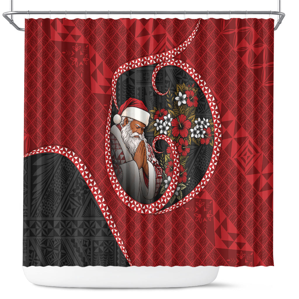 Tonga Kilisimasi Fiefia Shower Curtain Praying Santa Hibiscus Cross DT05 Red - Polynesian Pride