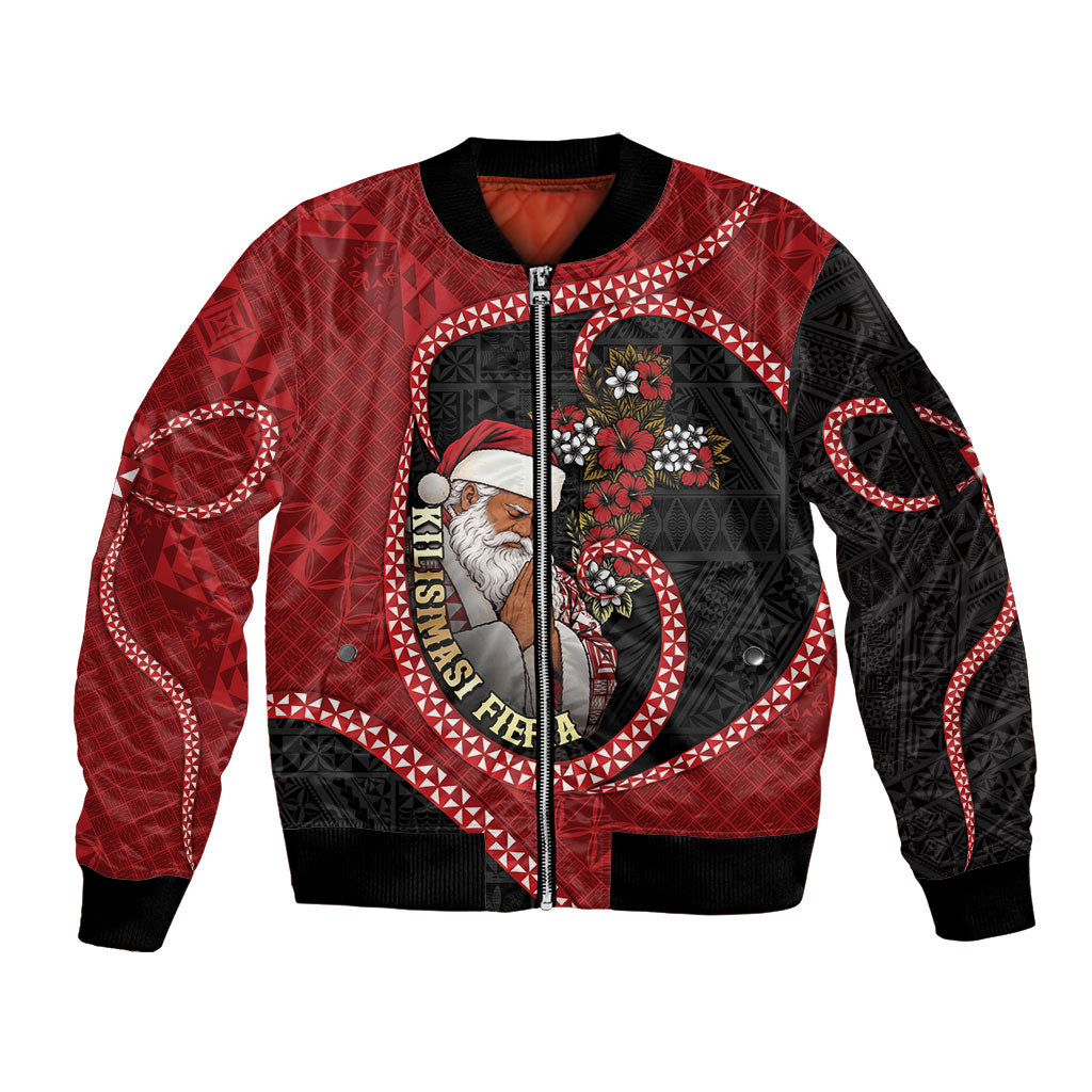 Personalised Tonga Kilisimasi Fiefia Sleeve Zip Bomber Jacket Praying Santa Hibiscus Cross DT05 Unisex Red - Polynesian Pride