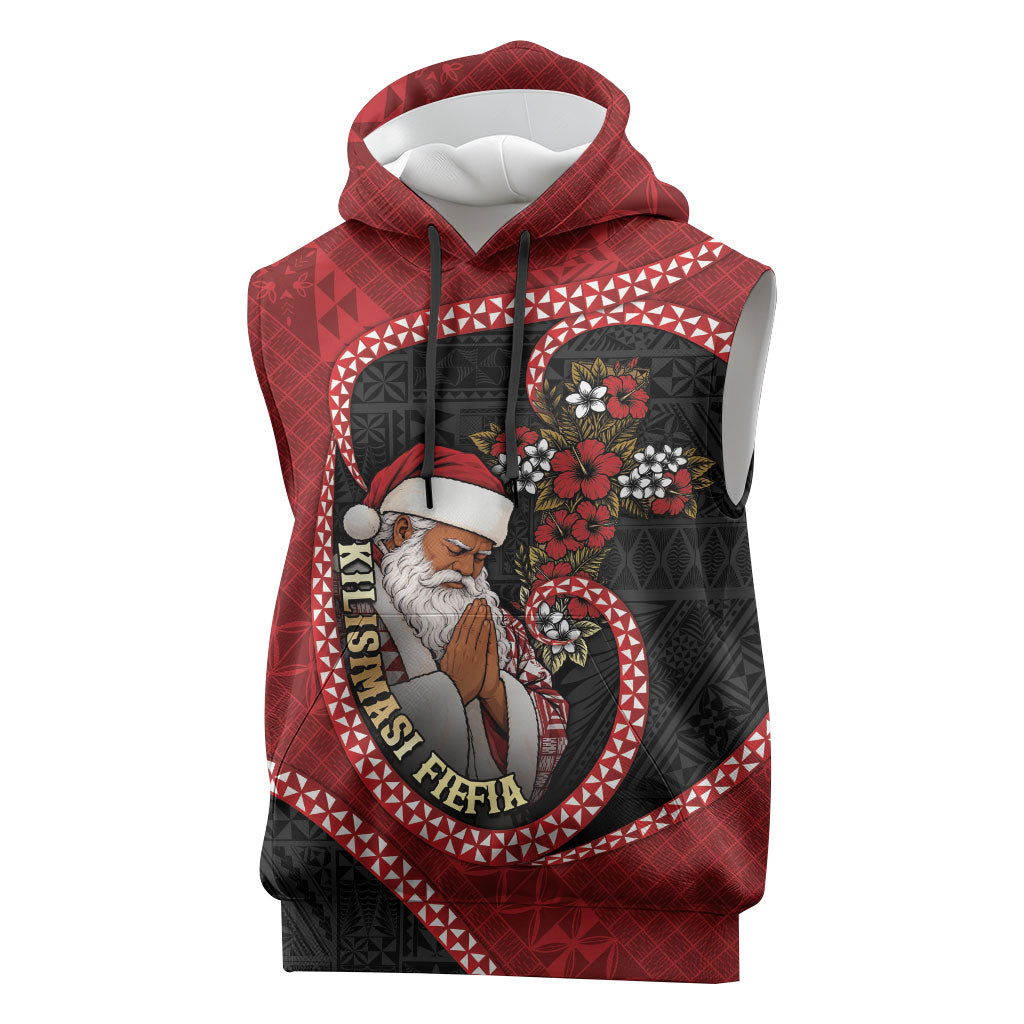 Personalised Tonga Kilisimasi Fiefia Sleeveless Hoodie Praying Santa Hibiscus Cross DT05 Red - Polynesian Pride