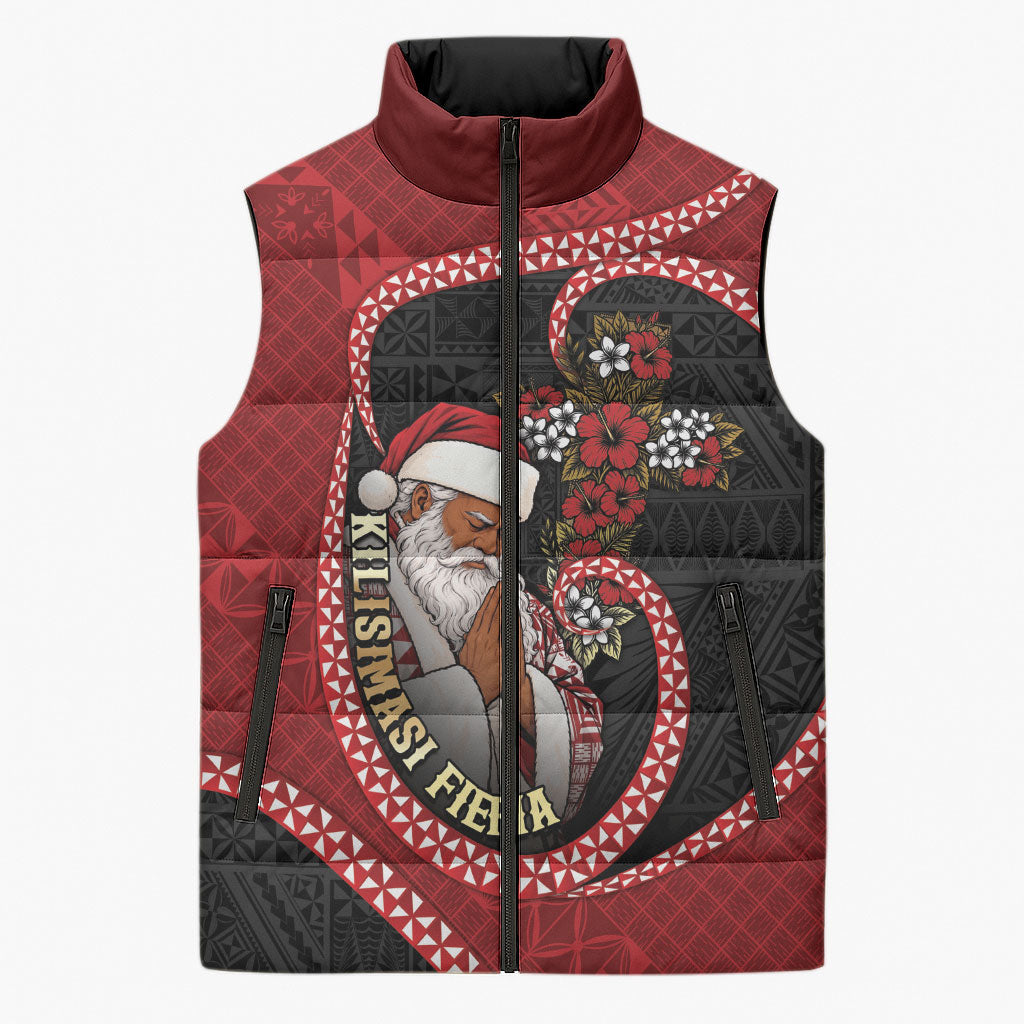 Personalised Tonga Kilisimasi Fiefia Sleeveless Puffer Jacket Praying Santa Hibiscus Cross DT05 Unisex Red - Polynesian Pride
