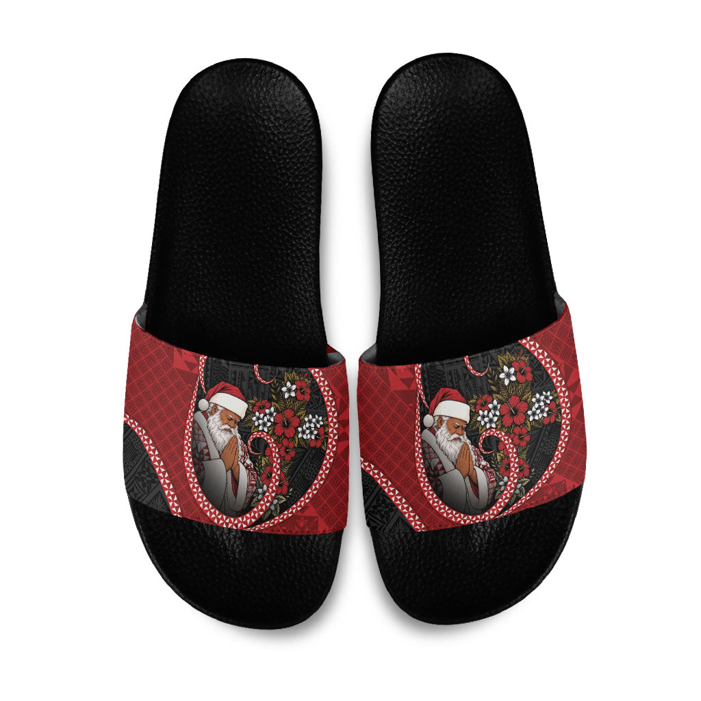 Tonga Kilisimasi Fiefia Slide Sandals Praying Santa Hibiscus Cross DT05 Red - Polynesian Pride