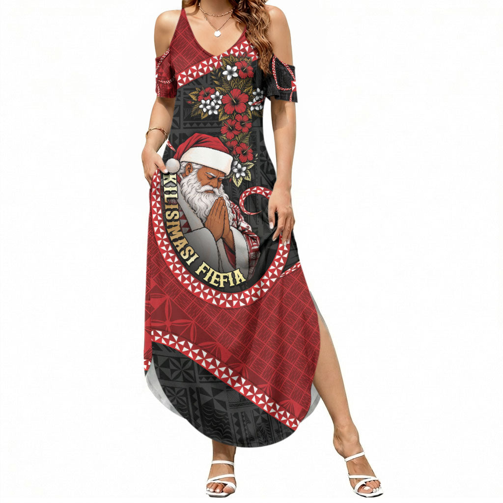 Personalised Tonga Kilisimasi Fiefia Summer Maxi Dress Praying Santa Hibiscus Cross DT05 Women Red - Polynesian Pride