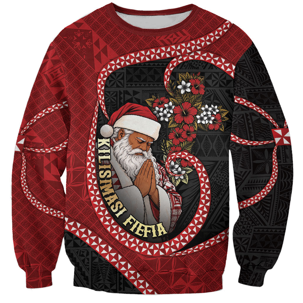 Personalised Tonga Kilisimasi Fiefia Sweatshirt Praying Santa Hibiscus Cross DT05 Unisex Red - Polynesian Pride