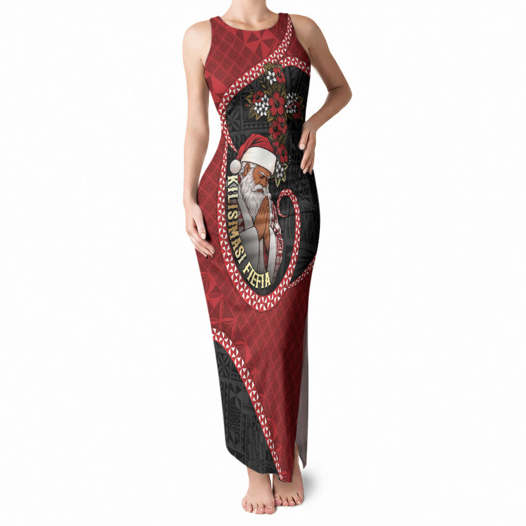 Personalised Tonga Kilisimasi Fiefia Tank Maxi Dress Praying Santa Hibiscus Cross DT05 Women Red - Polynesian Pride