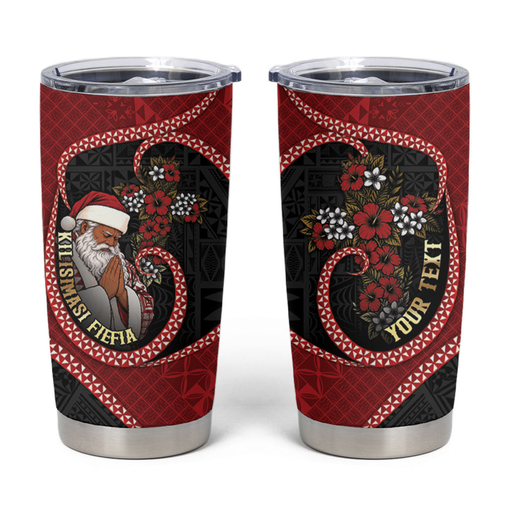 Personalised Tonga Kilisimasi Fiefia Tumbler Cup Praying Santa Hibiscus Cross DT05 Red - Polynesian Pride