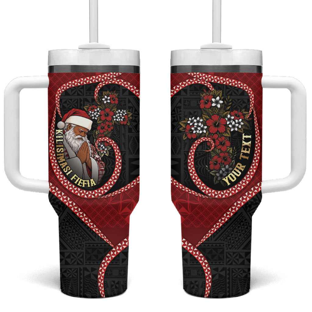 Personalised Tonga Kilisimasi Fiefia Tumbler With Handle Praying Santa Hibiscus Cross DT05 One Size: 40 oz Red - Polynesian Pride