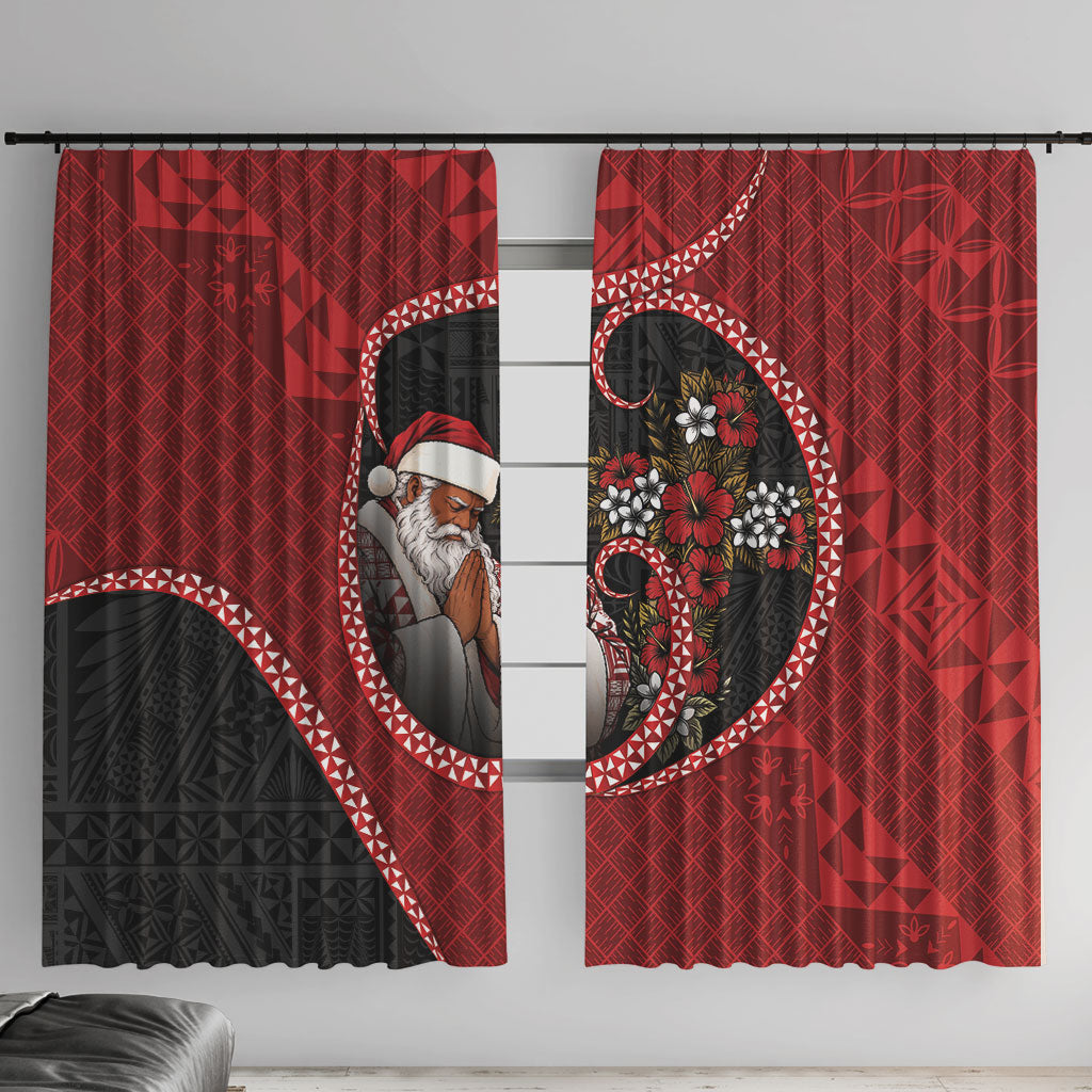 Tonga Kilisimasi Fiefia Window Curtain Praying Santa Hibiscus Cross DT05 With Hooks Red - Polynesian Pride