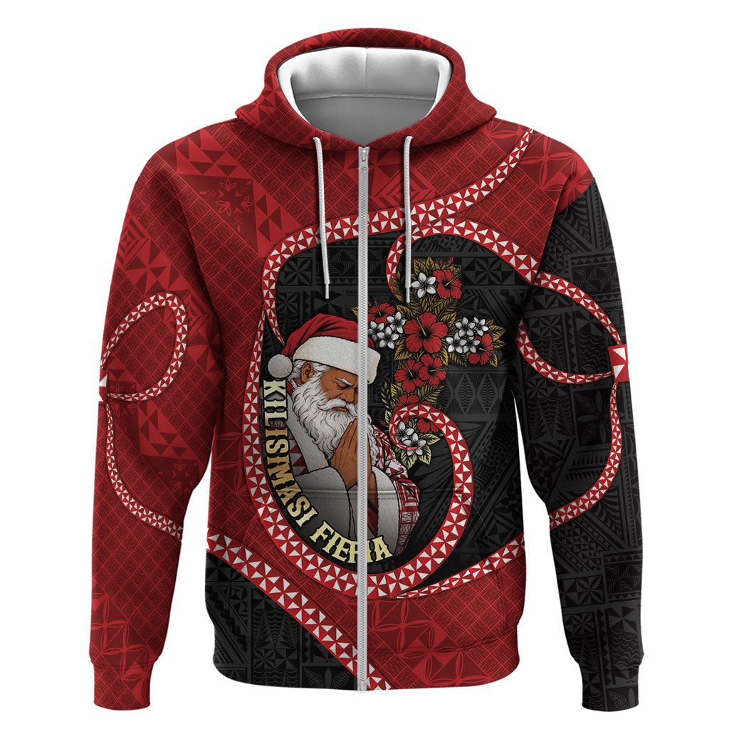 Personalised Tonga Kilisimasi Fiefia Zip Hoodie Praying Santa Hibiscus Cross DT05 Zip Hoodie Red - Polynesian Pride