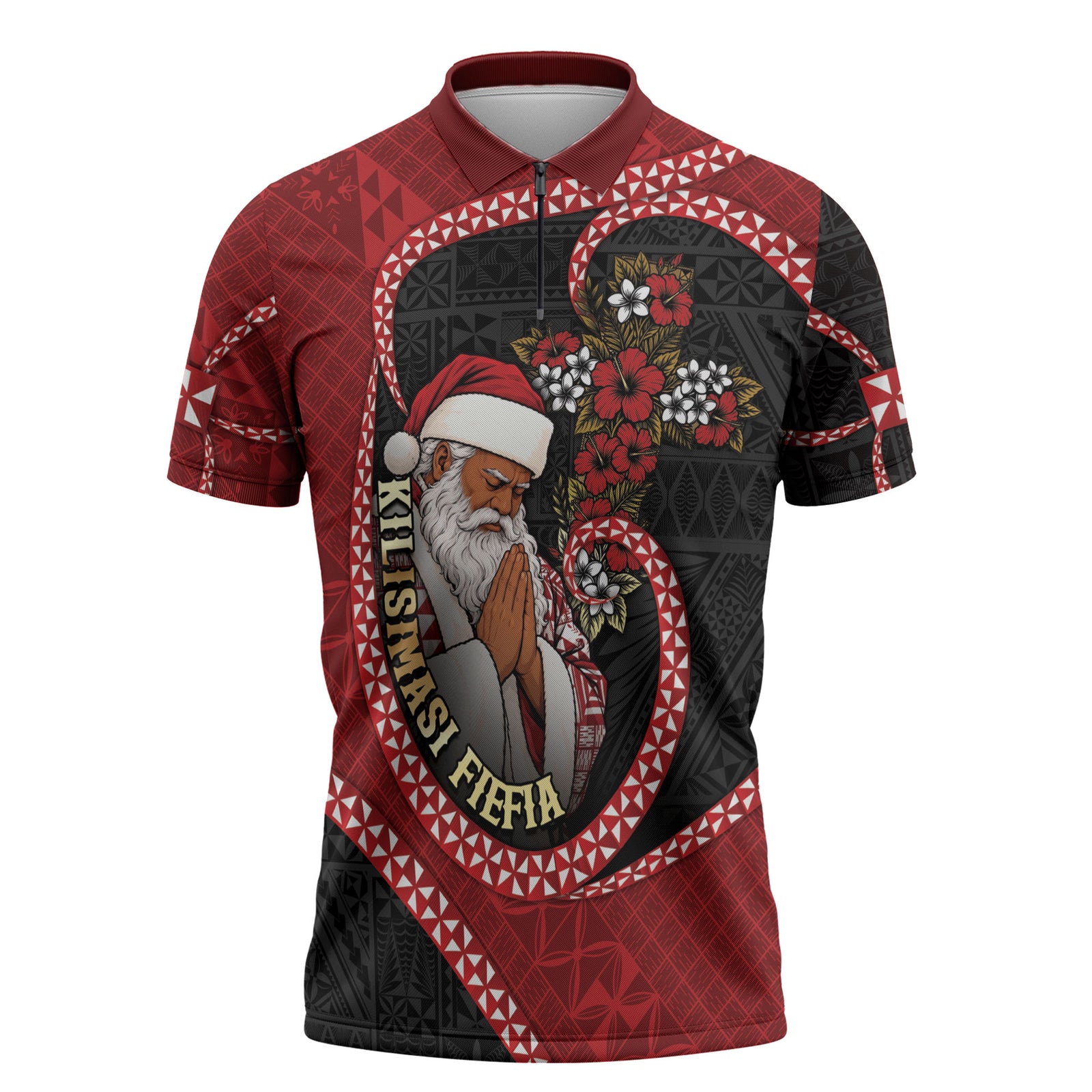 Personalised Tonga Kilisimasi Fiefia Zipper Polo Shirt Praying Santa Hibiscus Cross DT05 Red - Polynesian Pride